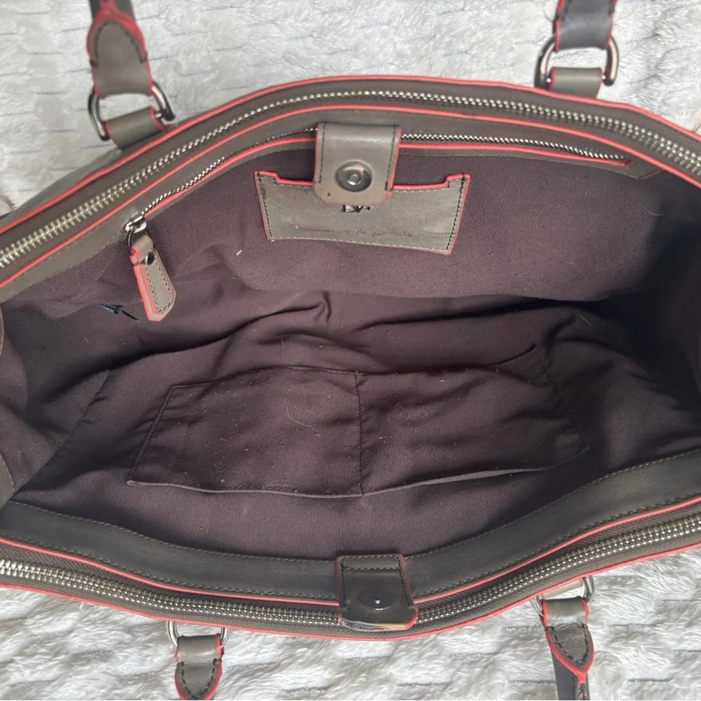 DVF Diane von Furstenberg Gray Taupe Leather Large Tote Red Trim Silver Hardware